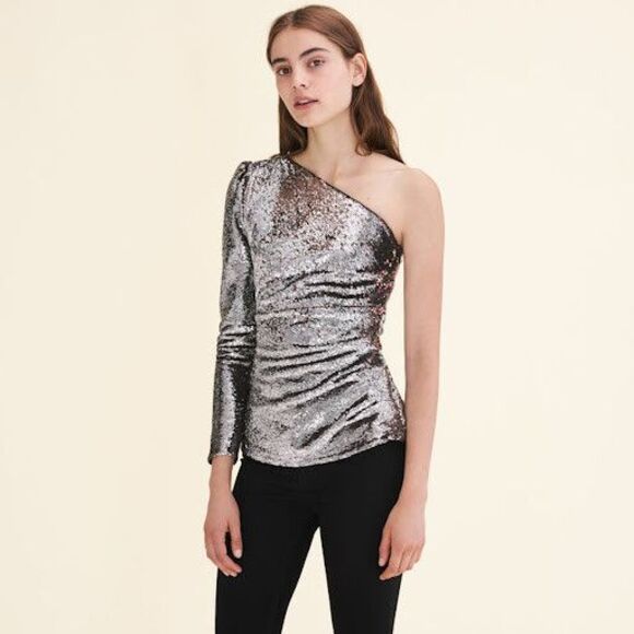 Maje Tops - New Maje Womens Loinita Metallic Sequin One Shoulder Top Size 1 Small